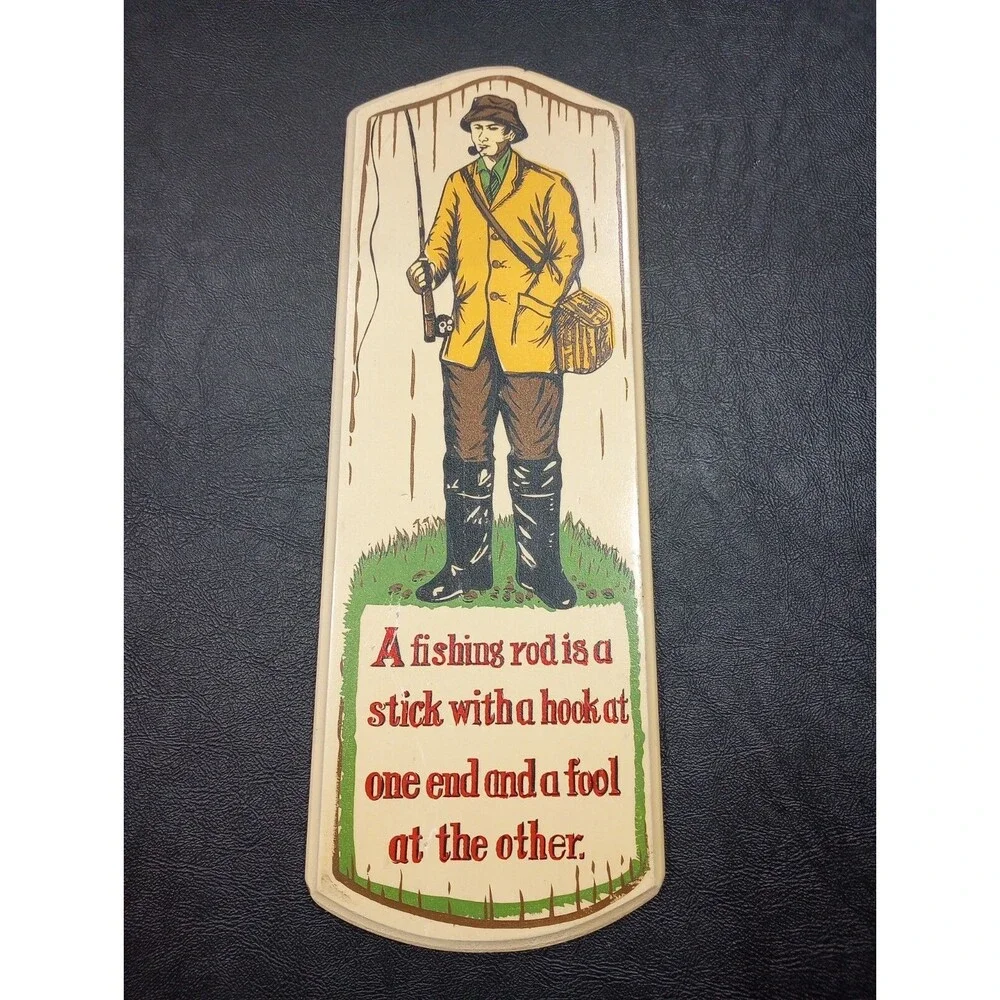 Vintage  1950s V.G. Hand Painted Wood Fisherman Fishing Sign Made in Japan